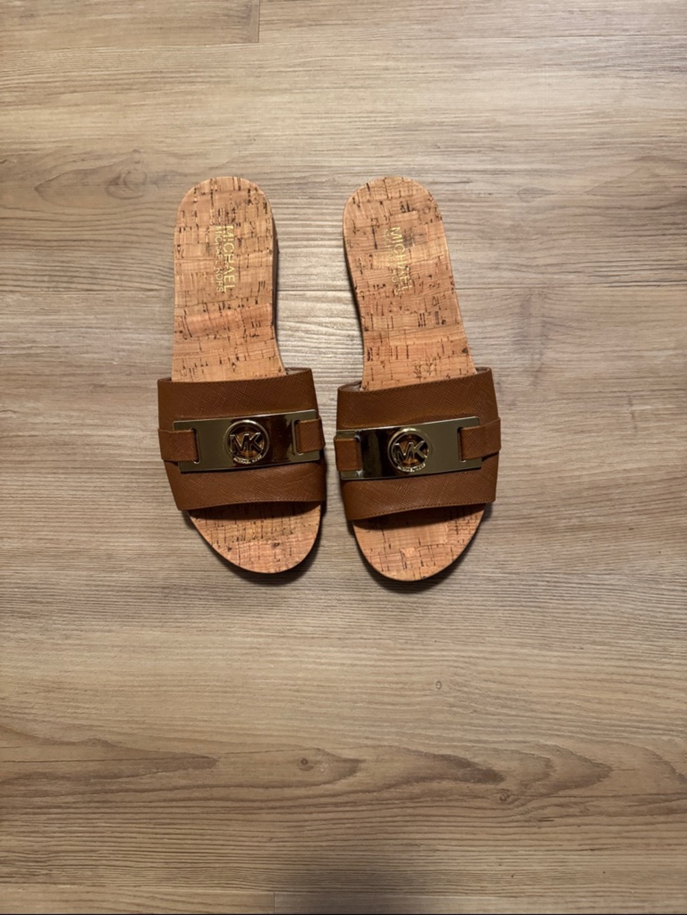 Michael Kors Tan Brown Cork Footbed Slide Sandals with Gold Logo